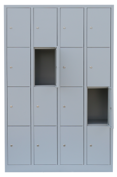 16-tueriger Faecherschrank mit Zylinderschloss und Sockel : 4 Abteile je 4 Faecher (300 mm pro Abteil)
